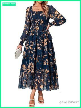 Long Sleeve Flowy Tiered Smocked Square Neck Boho Maxi Dress